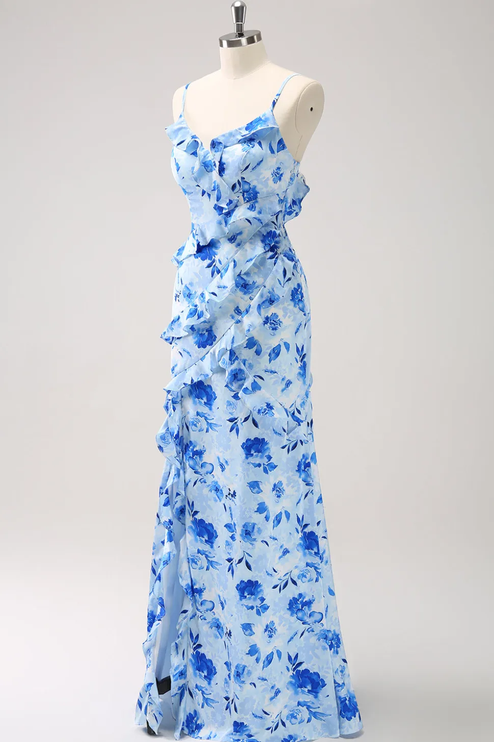 Vestido de dama de honra floral babado azul com fenda