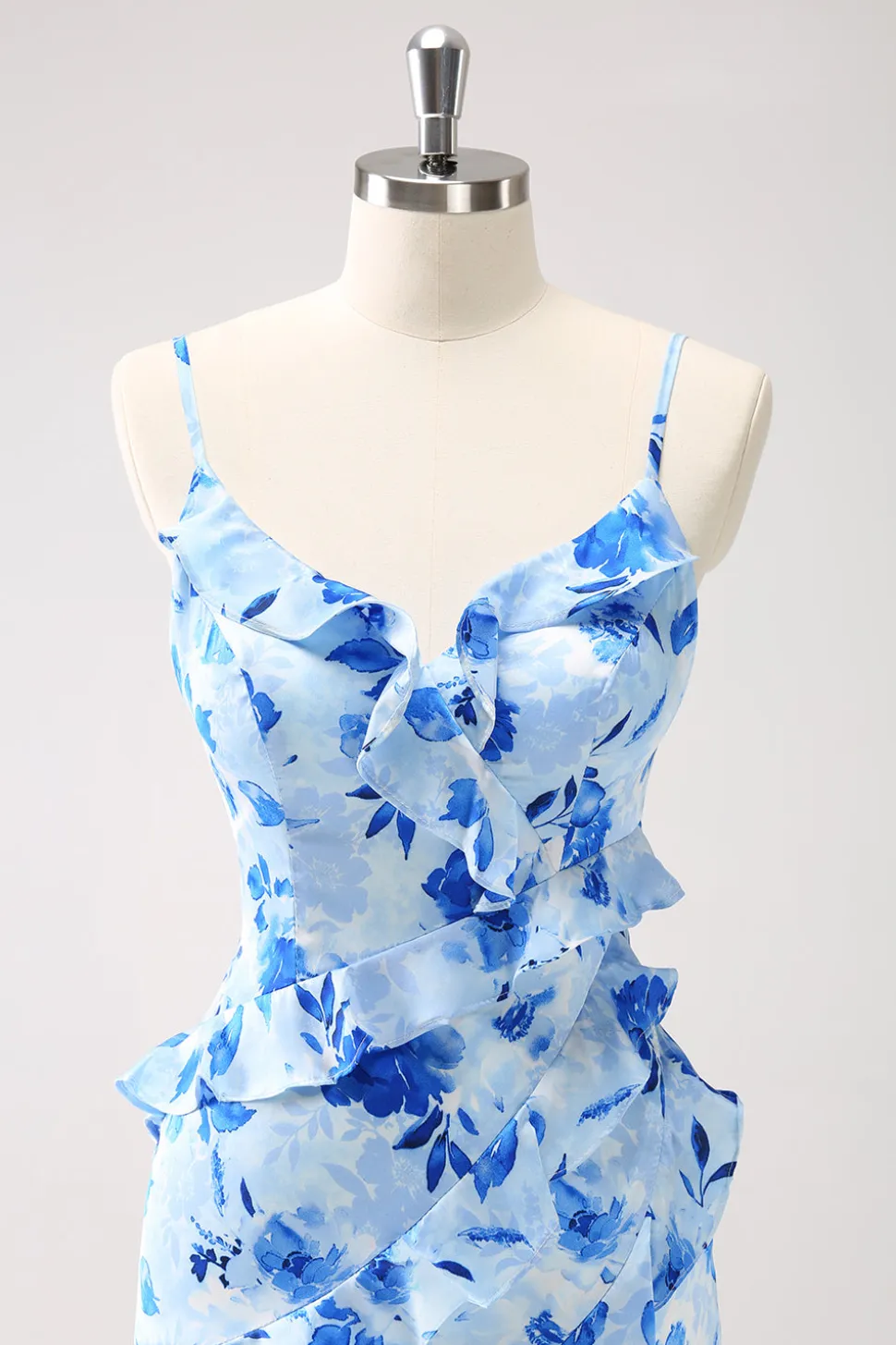 Vestido de dama de honra floral babado azul com fenda