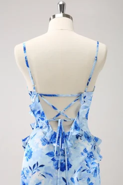 Vestido de dama de honra floral babado azul com fenda