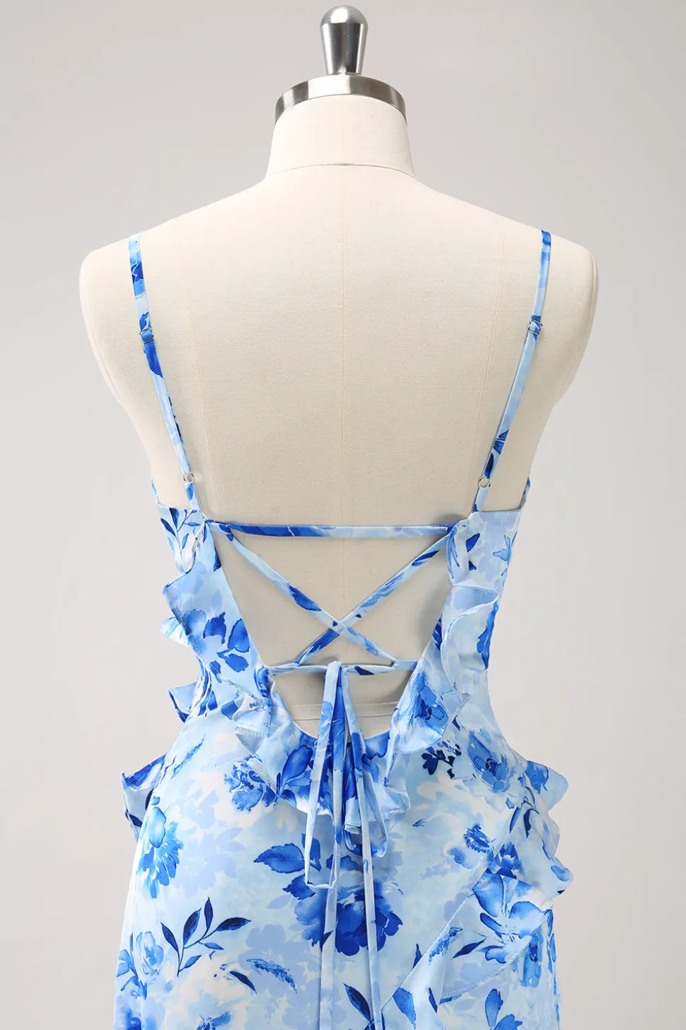 Vestido de dama de honra floral babado azul com fenda