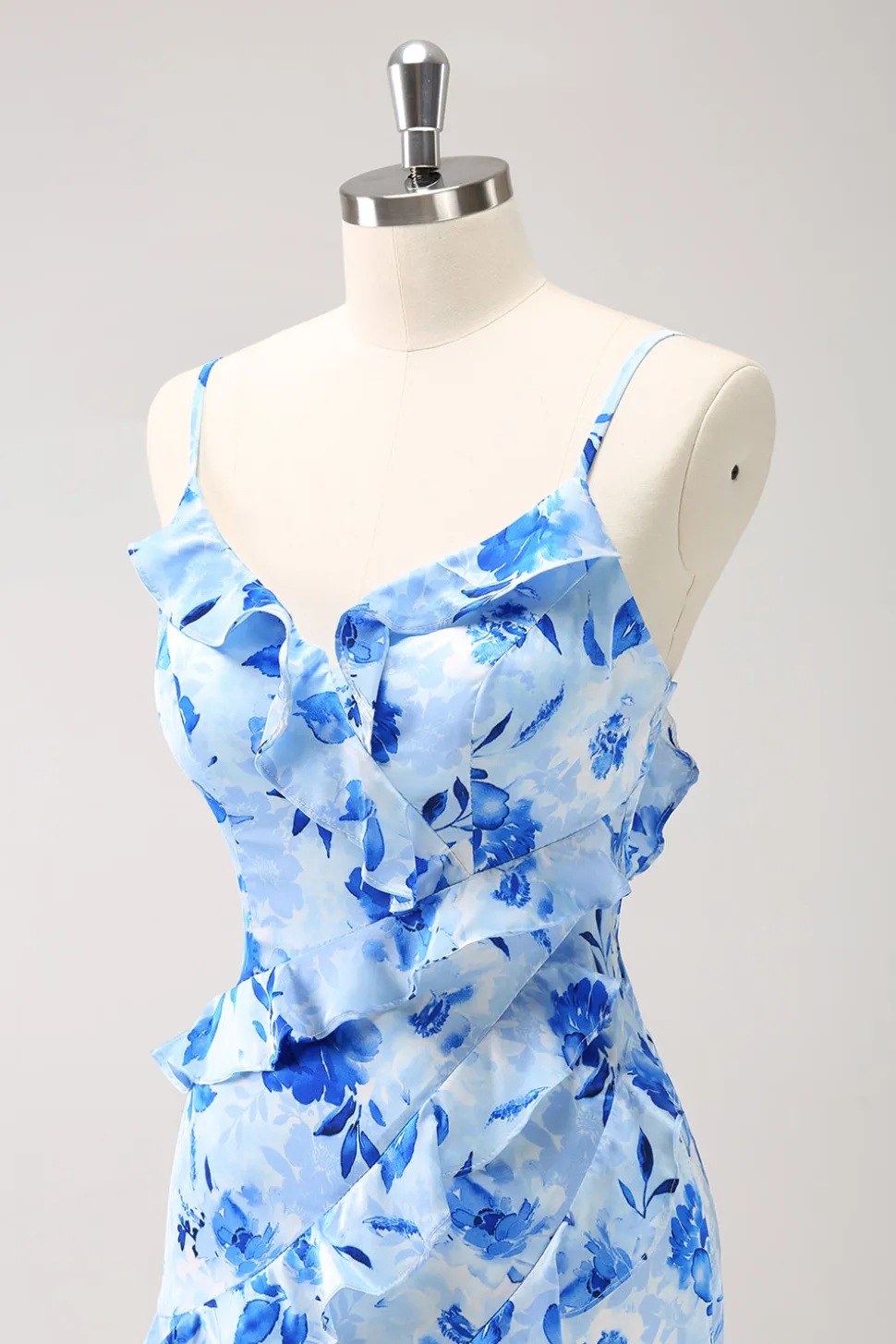 Vestido de dama de honra floral babado azul com fenda