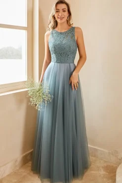Vestido de dama de honra de tulle azul cinza com renda
