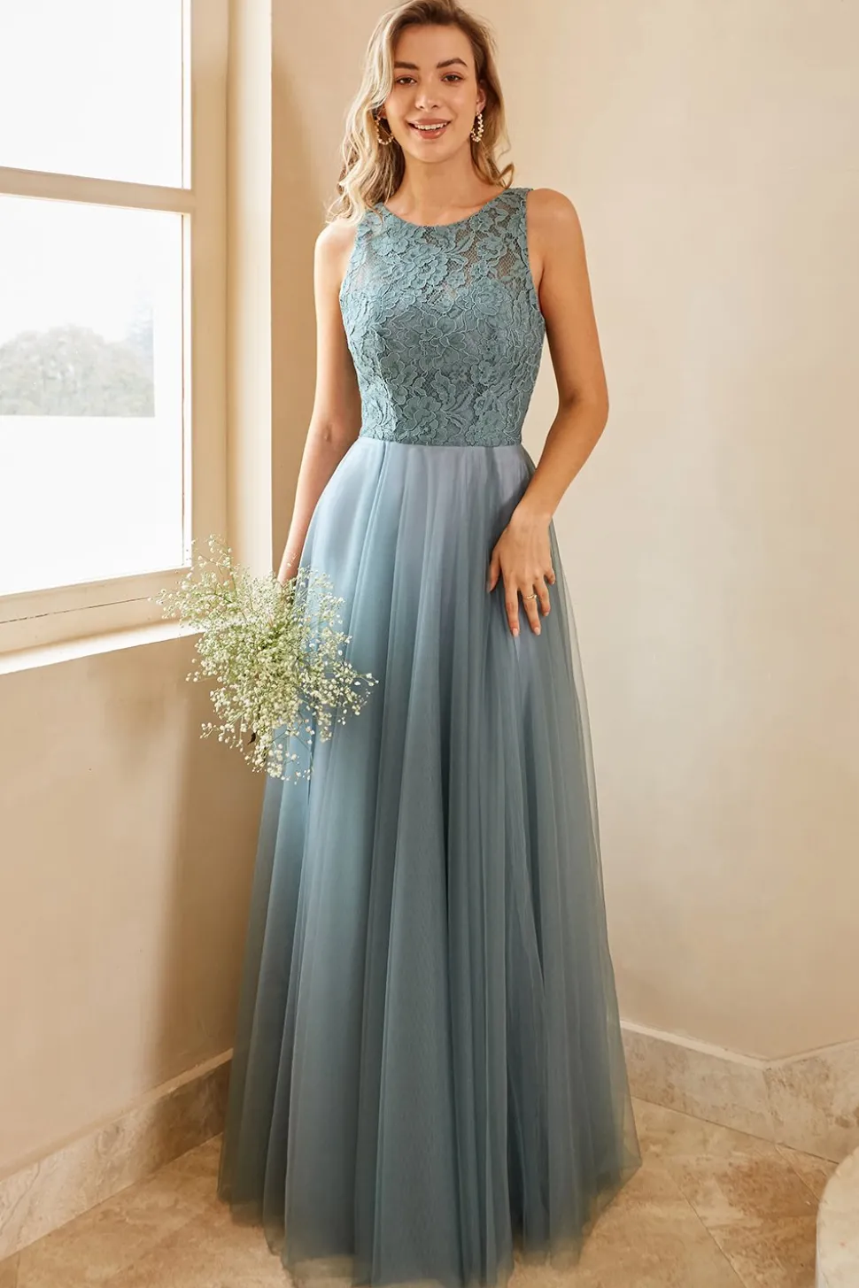Vestido de dama de honra de tulle azul cinza com renda