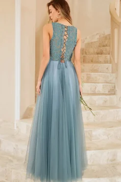 Vestido de dama de honra de tulle azul cinza com renda