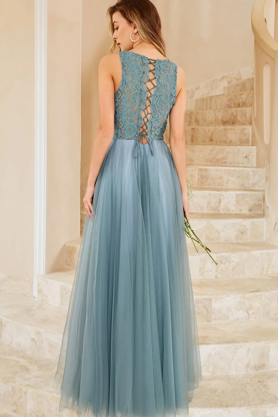 Vestido de dama de honra de tulle azul cinza com renda