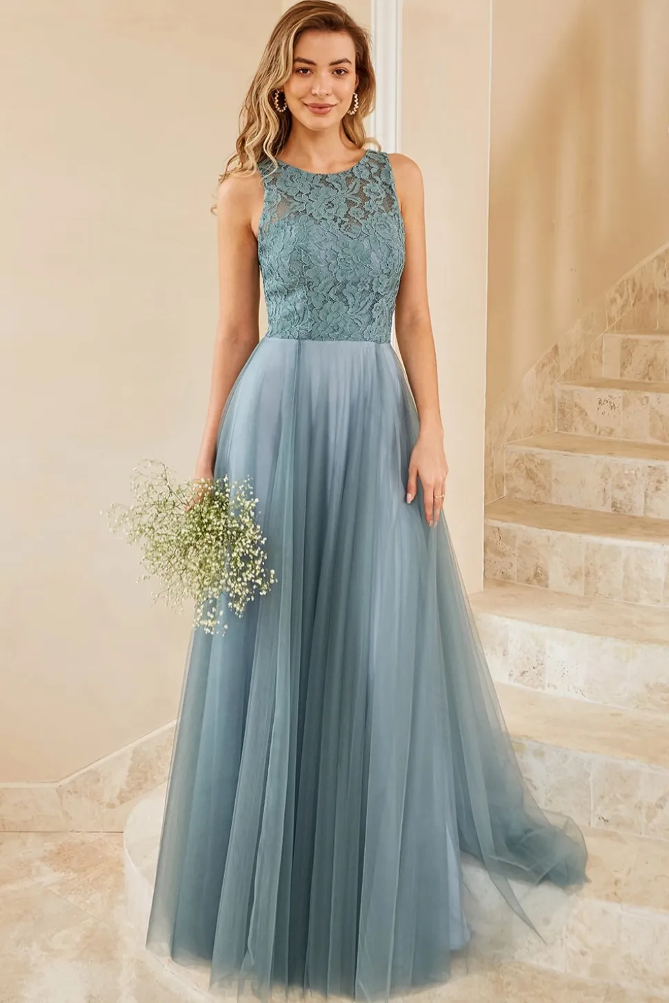 Vestido de dama de honra de tulle azul cinza com renda