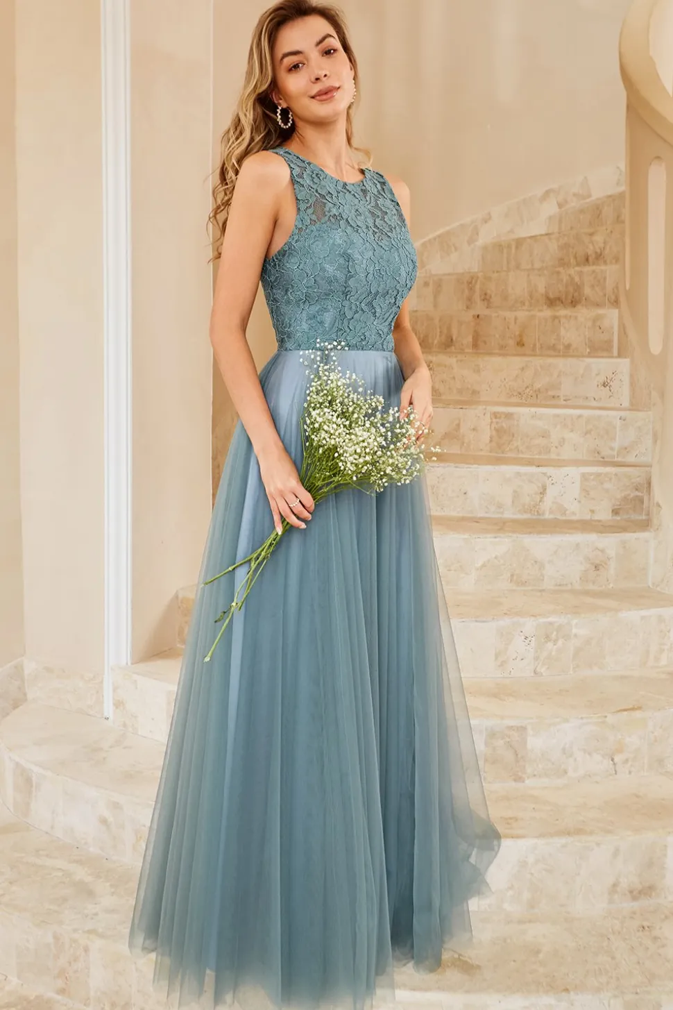 Vestido de dama de honra de tulle azul cinza com renda