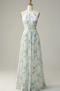 Vestido de dama de honra azul floral Boho Long Chiffon