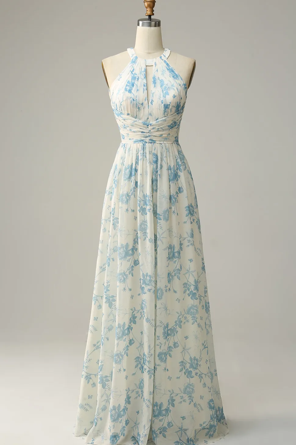 Vestido de dama de honra azul floral Boho Long Chiffon