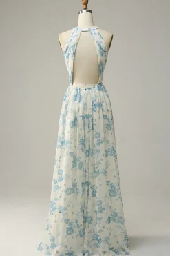 Vestido de dama de honra azul floral Boho Long Chiffon