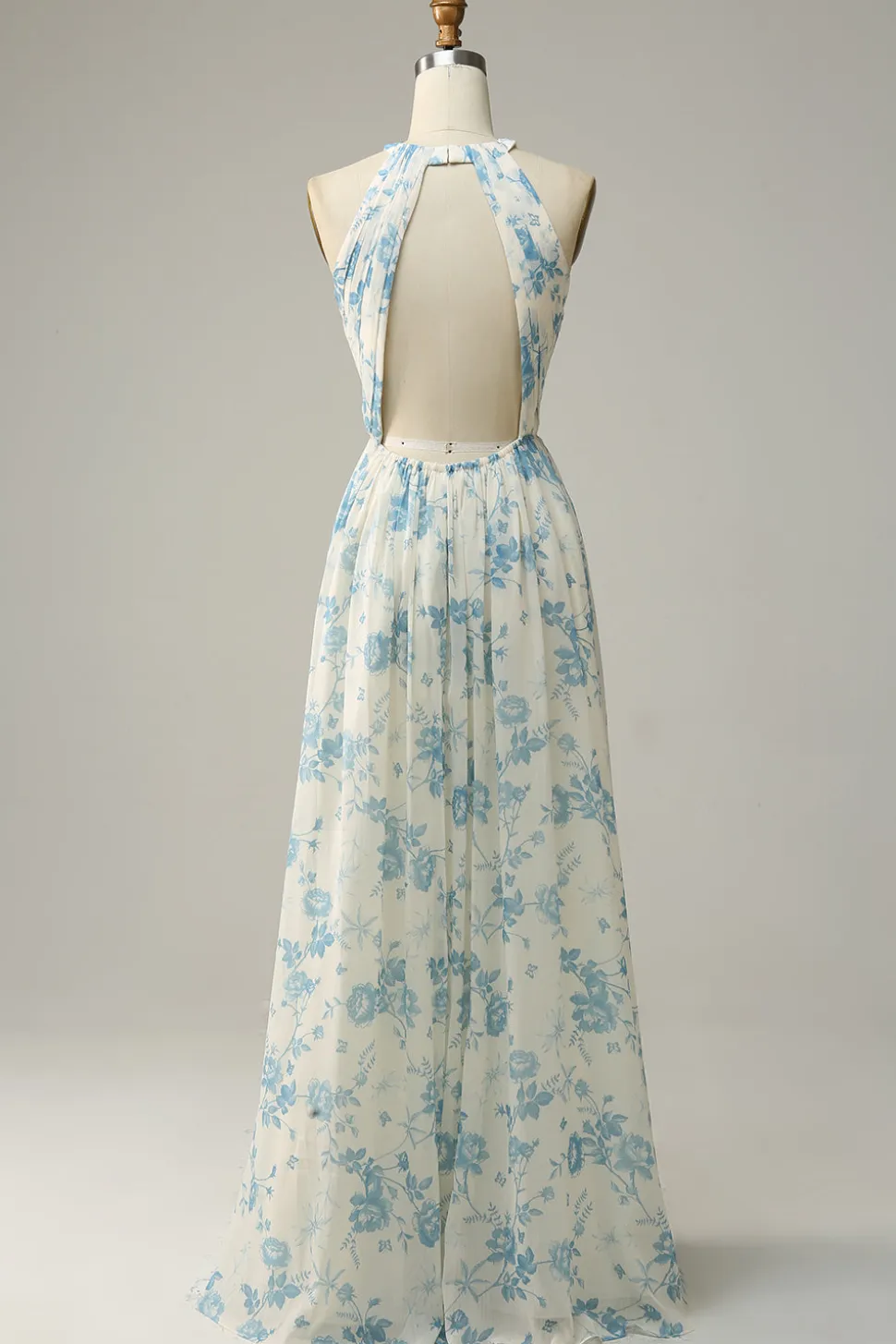Vestido de dama de honra azul floral Boho Long Chiffon