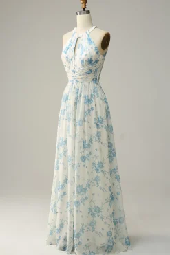 Vestido de dama de honra azul floral Boho Long Chiffon