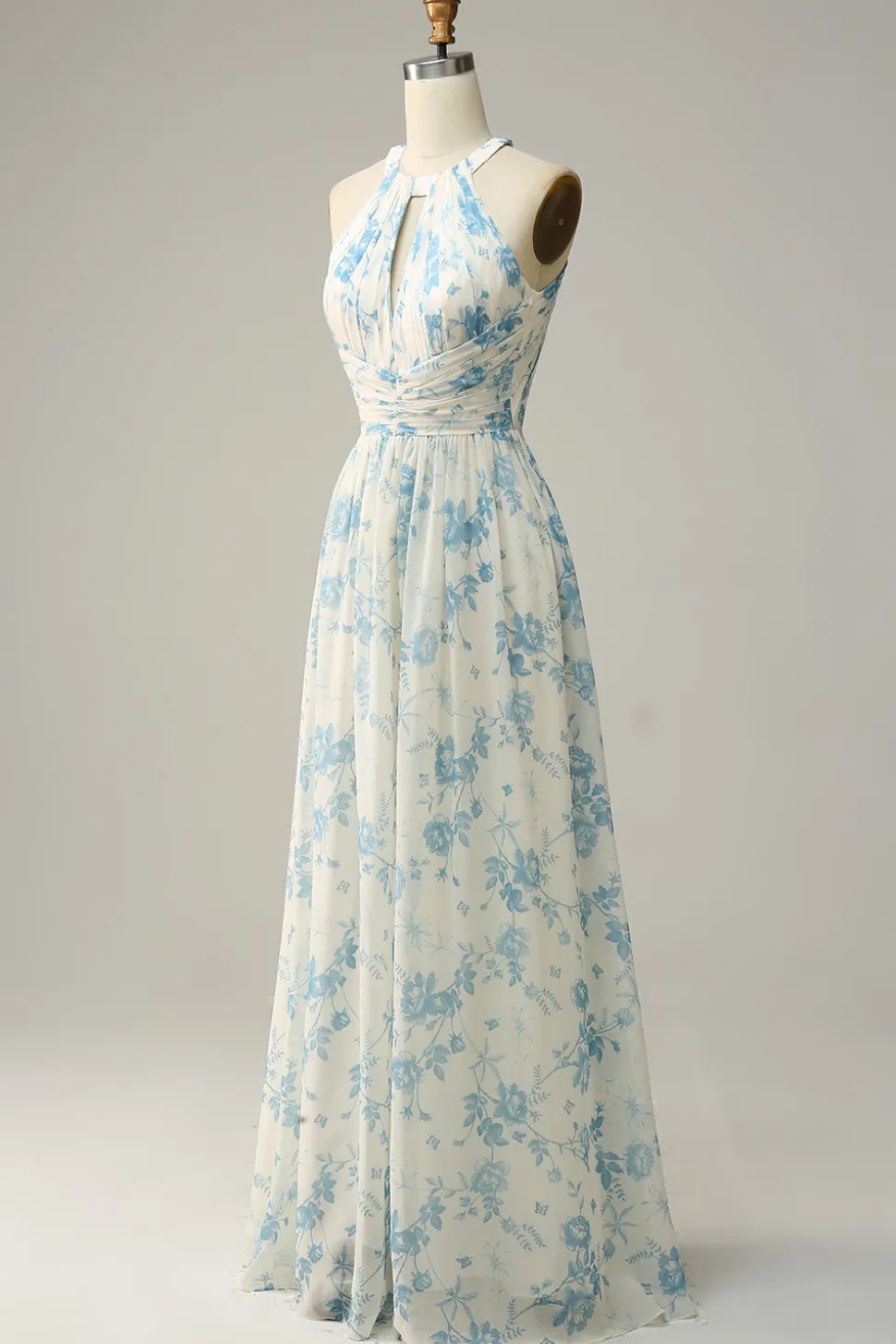 Vestido de dama de honra azul floral Boho Long Chiffon