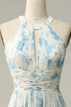 Vestido de dama de honra azul floral Boho Long Chiffon