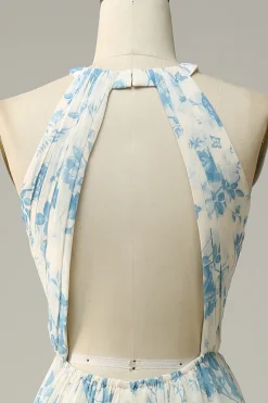 Vestido de dama de honra azul floral Boho Long Chiffon