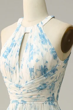 Vestido de dama de honra azul floral Boho Long Chiffon
