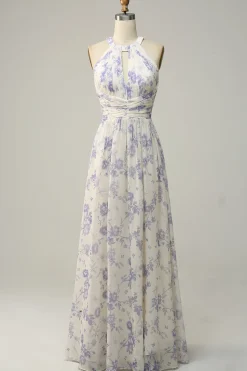 Vestido de dama de honra azul floral Boho Long Chiffon