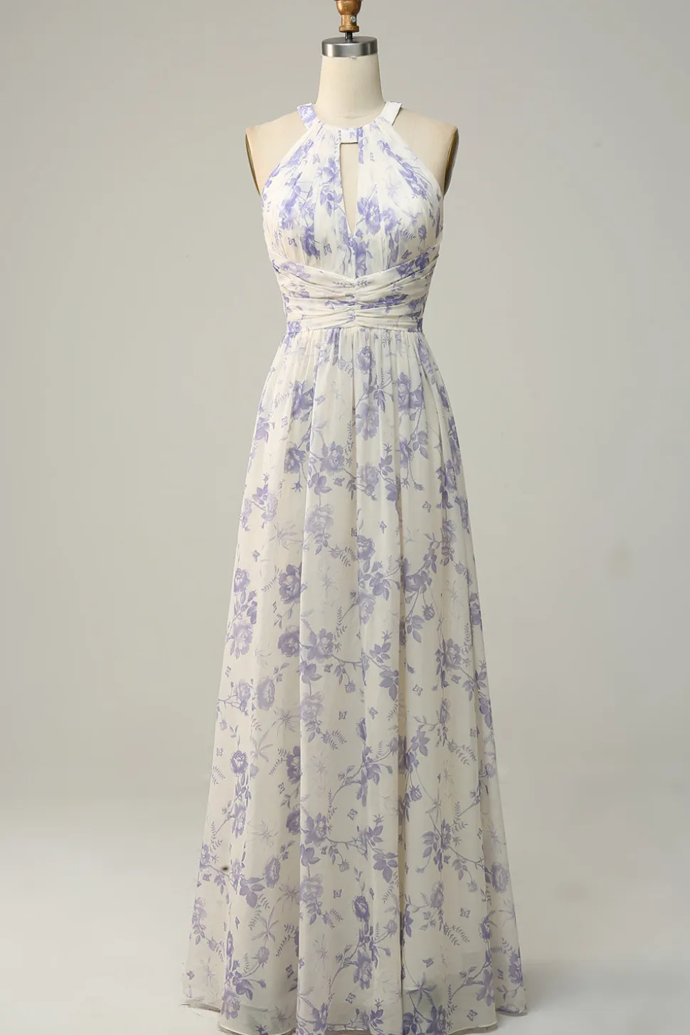 Vestido de dama de honra azul floral Boho Long Chiffon