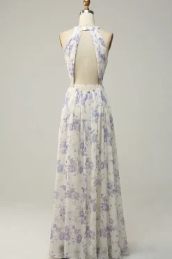 Vestido de dama de honra azul floral Boho Long Chiffon