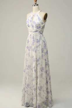 Vestido de dama de honra azul floral Boho Long Chiffon