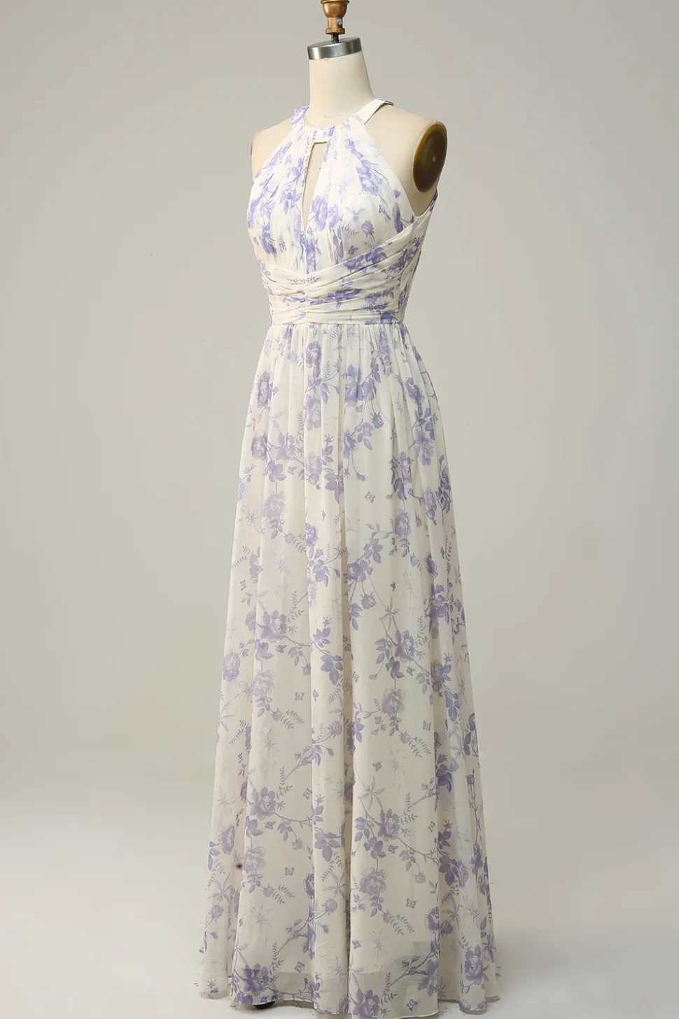 Vestido de dama de honra azul floral Boho Long Chiffon