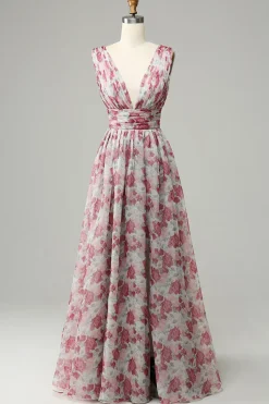 Vestido de Dama de Honra Floral Cinza e Rosa