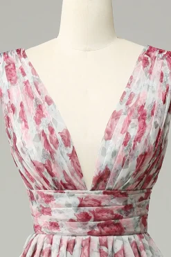 Vestido de Dama de Honra Floral Cinza e Rosa