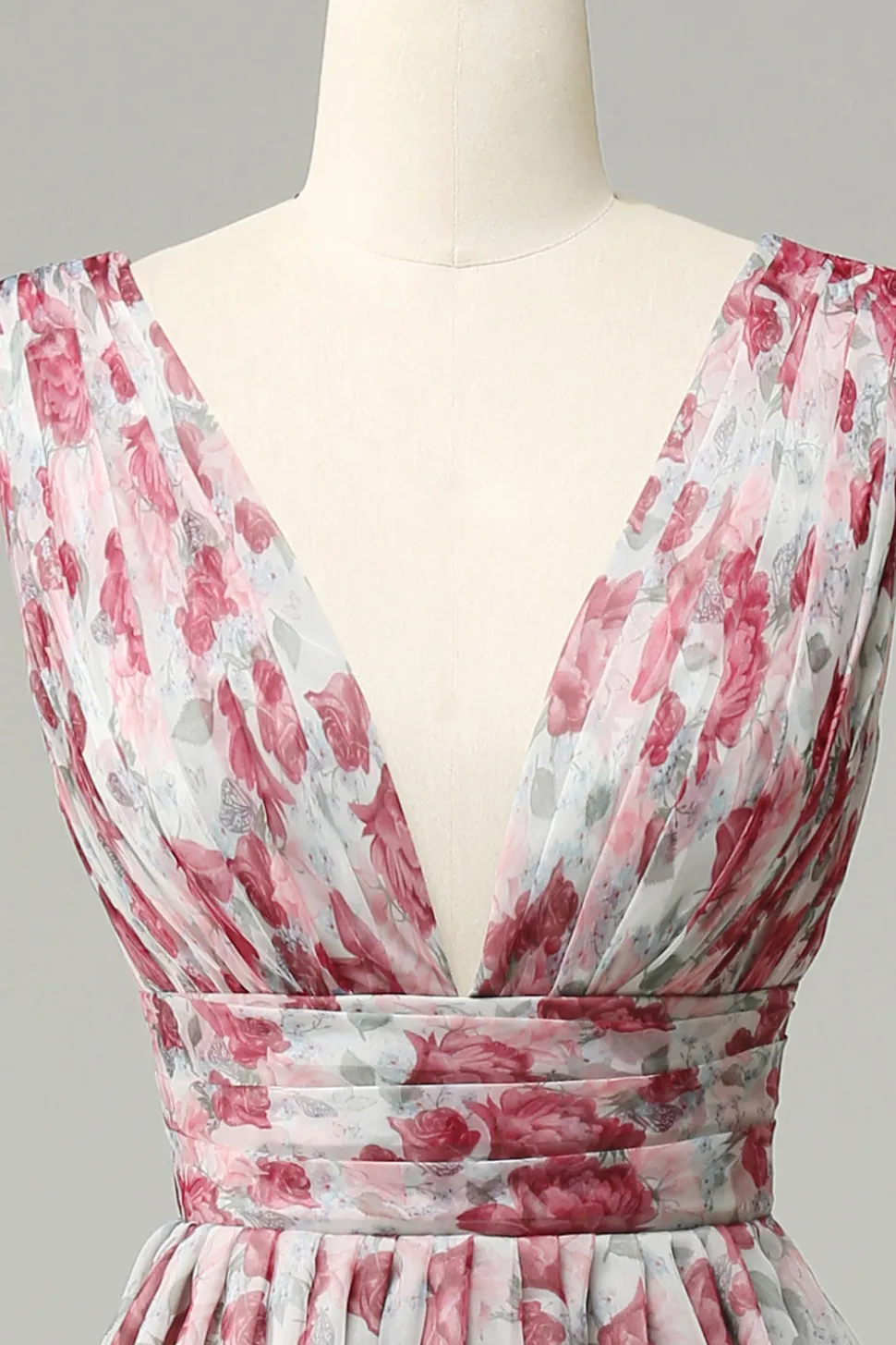 Vestido de Dama de Honra Floral Cinza e Rosa
