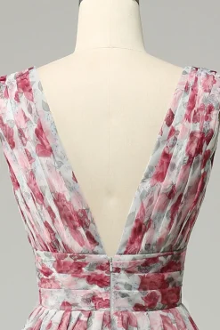 Vestido de Dama de Honra Floral Cinza e Rosa