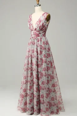 Vestido de Dama de Honra Floral Cinza e Rosa