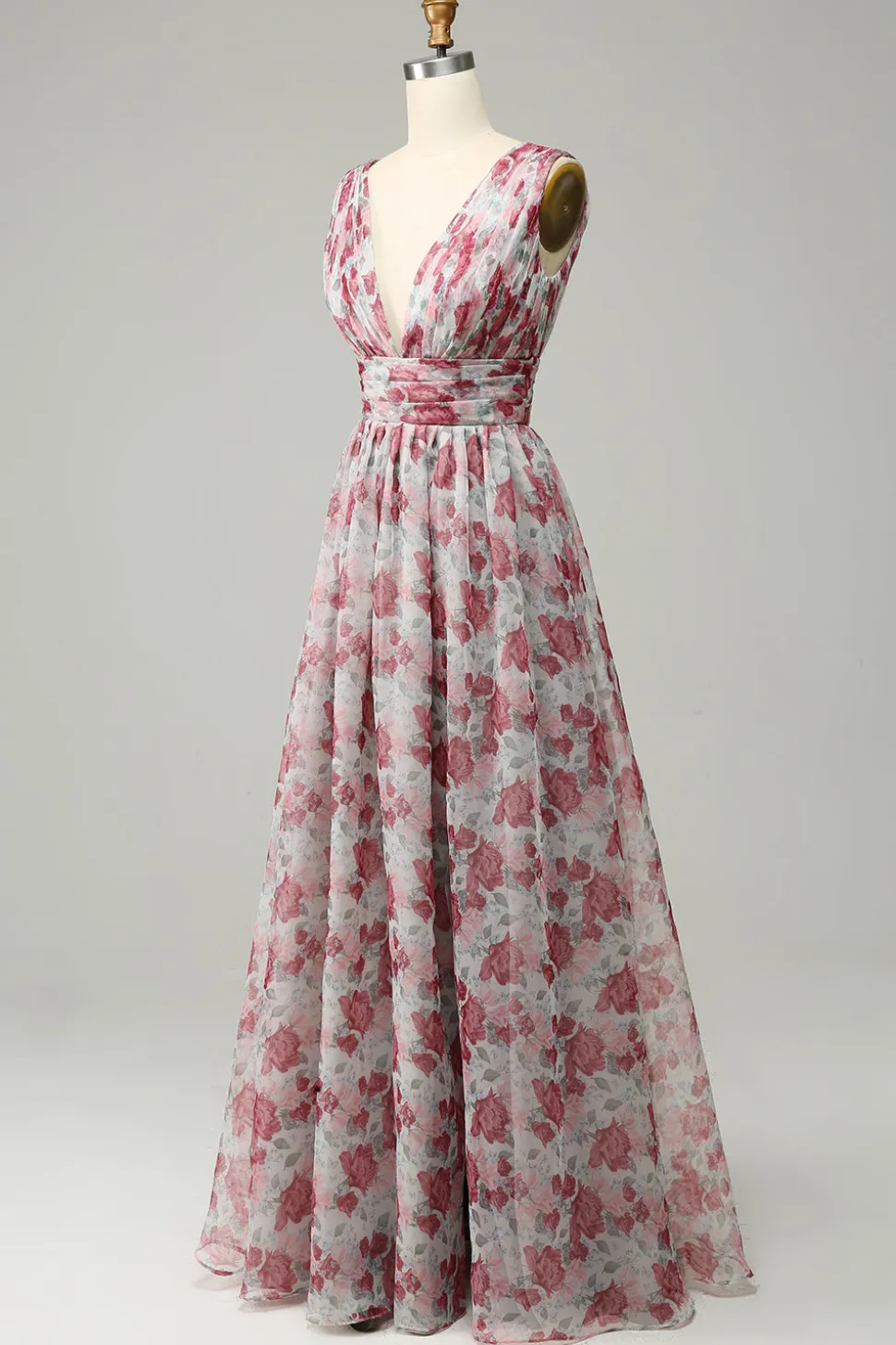 Vestido de Dama de Honra Floral Cinza e Rosa