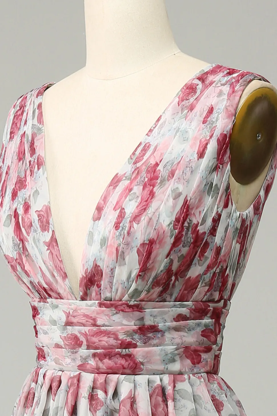 Vestido de Dama de Honra Floral Cinza e Rosa