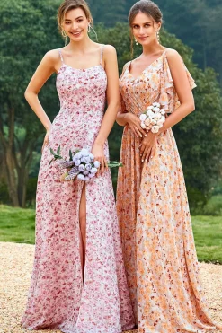 Vestido de dama de honra de impressão floral rosa