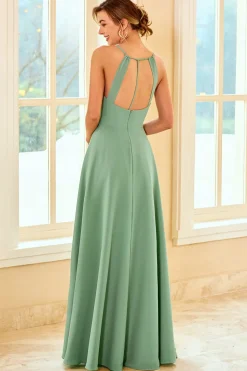 Vestido de dama de honra verde verde claro com fenda