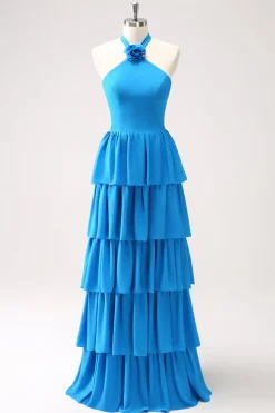 Vestido de dama de honra Chiffon azul com flor