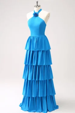 Vestido de dama de honra Chiffon azul com flor