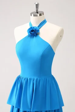 Vestido de dama de honra Chiffon azul com flor