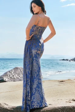 Vestido de dama de honra azul Burnout Floral Corset com Fenda