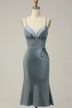 Vestido de Dama de Honra Azul Cetim Cintas de Espaguete