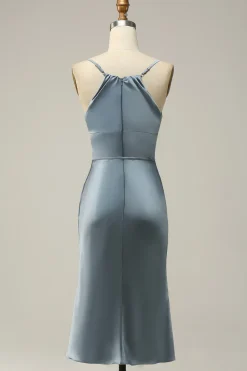 Vestido de Dama de Honra Azul Cetim Cintas de Espaguete