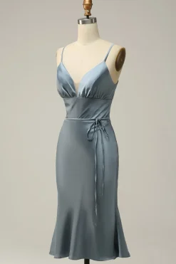 Vestido de Dama de Honra Azul Cetim Cintas de Espaguete