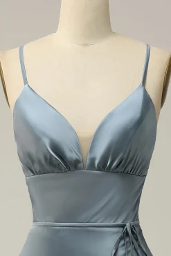 Vestido de Dama de Honra Azul Cetim Cintas de Espaguete