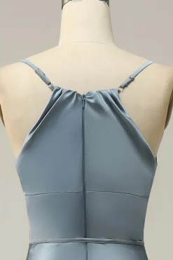 Vestido de Dama de Honra Azul Cetim Cintas de Espaguete