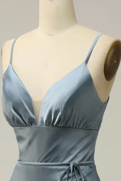 Vestido de Dama de Honra Azul Cetim Cintas de Espaguete