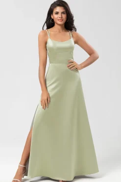 Vestido de dama de honra verde acetinado com renda-up de volta