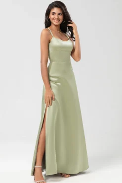 Vestido de dama de honra verde acetinado com renda-up de volta