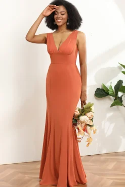 Vestido de dama de honra da sereia de pescoço em V