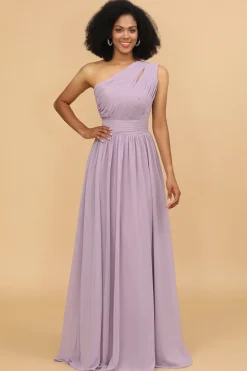 Vestido de dama de honra lilás chiffon um ombro só com babados