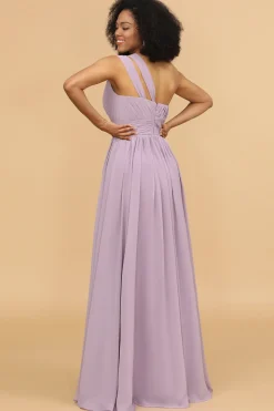 Vestido de dama de honra lilás chiffon um ombro só com babados