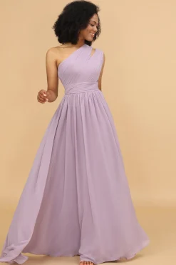 Vestido de dama de honra lilás chiffon um ombro só com babados